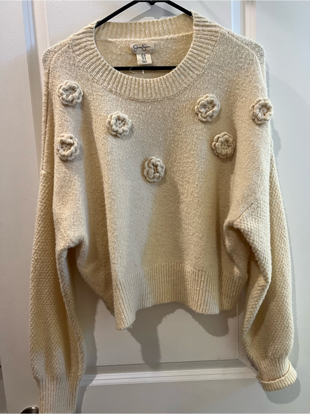 Jessica Simpson Cream Crewneck Sweater with Knit Floral Appliqués